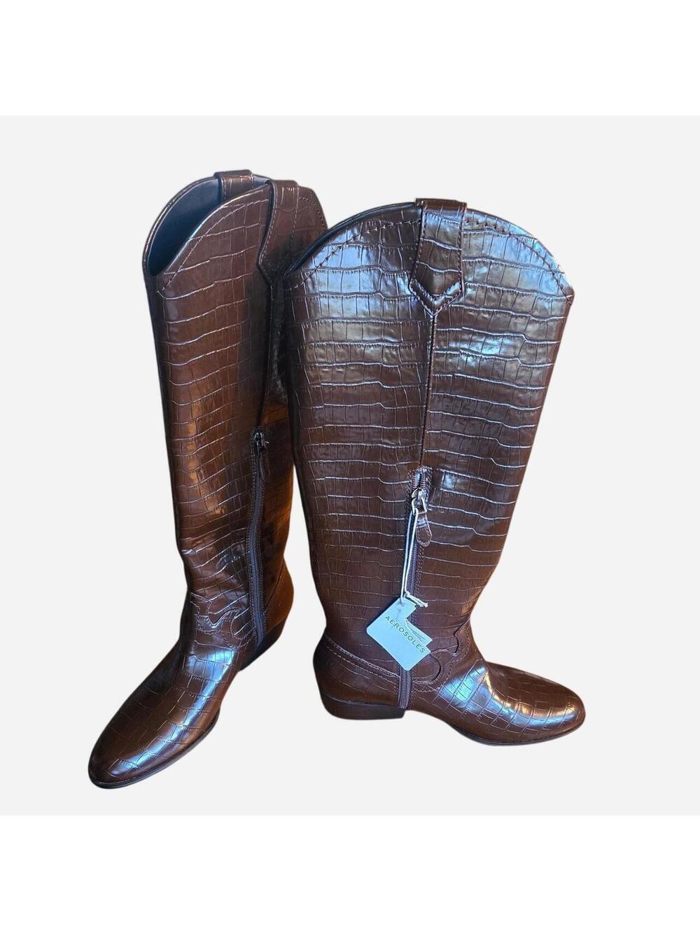 Aerosoles Cadence Brown Croc Embossed Knee High Western Boots Size 7.5M